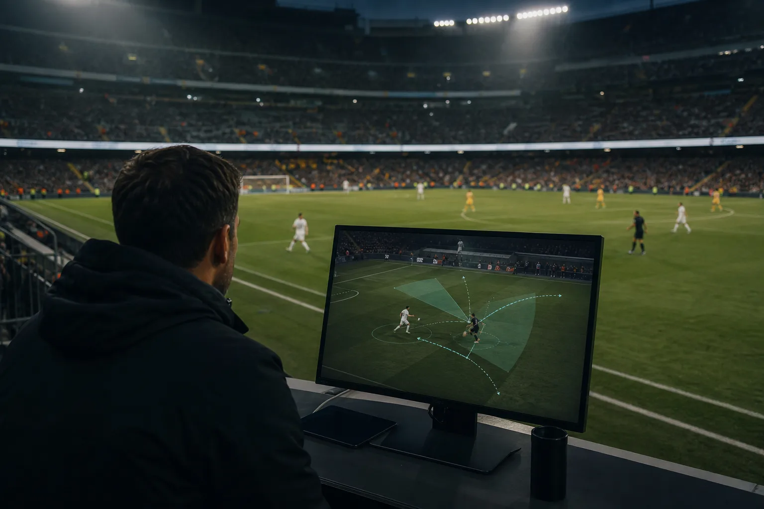 Football performance analyst reviewing conceptual player paths from live match footage